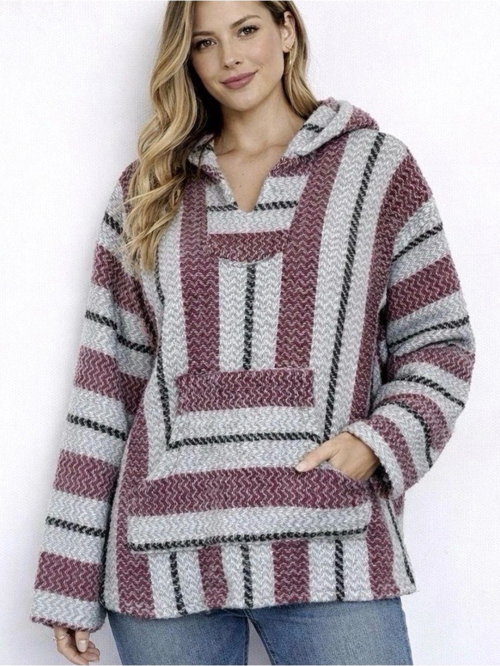 Baja Joe Adult Sweater Pink Gray Striped Hoodie Surf Surfer Hippie Casual M